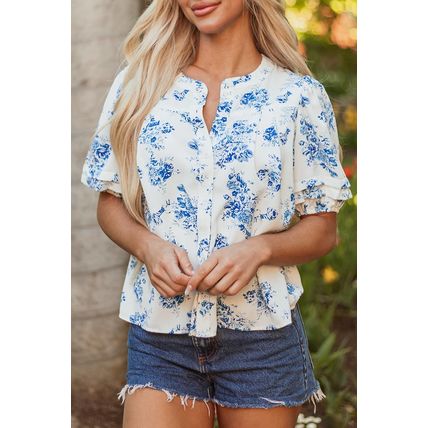 Sky Blue Floral Tiered Puff Short Sleeve Pleated Bust Buttoned Casual Shirt