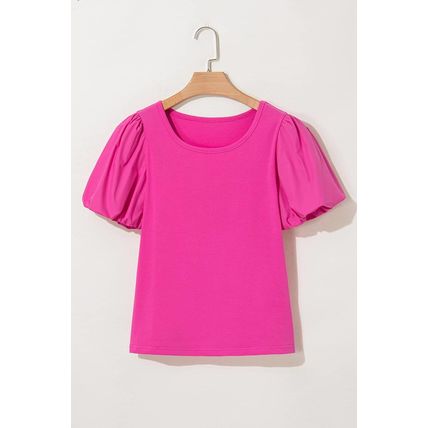 Strawberry Pink Casual Round Neck Bubble Sleeve T-shirt