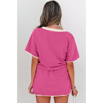 Rose Red Colorblock Edge Drop Shoulder T Shirt and Skort 2Pcs Set