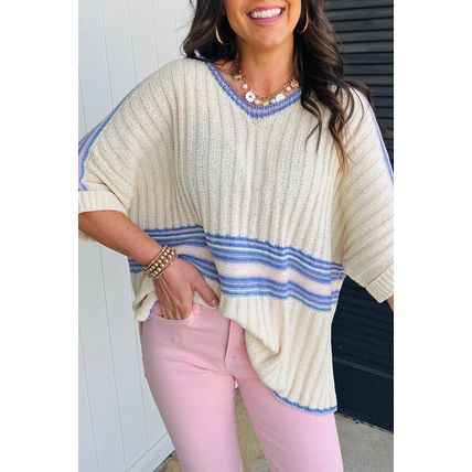 White Striped V Neck Dolman Sleeve Rib Knit Oversized Sweater with Slits