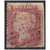 1858 SG43 1d Red Plate 108 Good Used Check Letters "NL" - Trimmed Perfs.