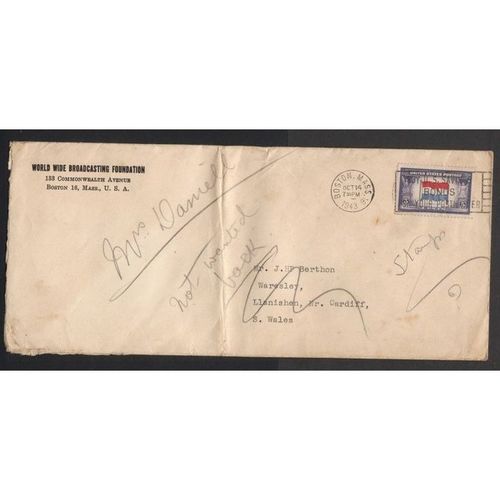USA WORLD WIDE BROADCASTING FOUNDATION ENVELOPE 1943 POSTED TO UK