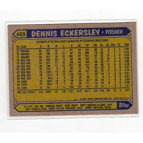 1987 Topps Dennis Eckersley baseball card #459 -NM-HOF- Athletics A’s