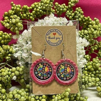 Peace Symbol Bottle Cap Retro 60's Dangle Fish-hook Earrings Handcrafted