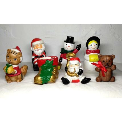 Christmas Figurines Santa, Snowmen, Kitty, Stocking, Teddy Lot of 7 Mini 2" - 3"