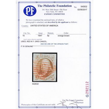 1b, Used 5¢ Orange Brown XF - Four Margins With PFC Certificate - Stuart Katz