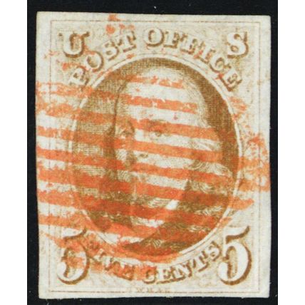 1b, Used 5¢ Orange Brown XF - Four Margins With PFC Certificate - Stuart Katz