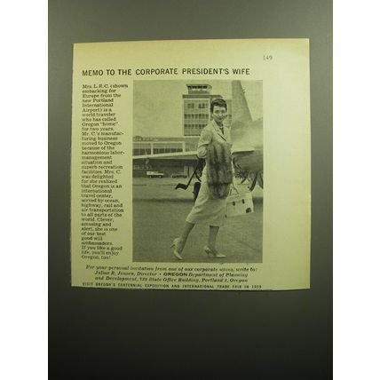1958 Oregon Tourism Ad - Memo to the corporate president's wife