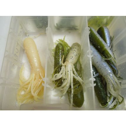 Lot of 50 custom handmade scented and MIZMO scented lizard & Tube baits 2 Cases