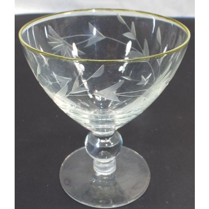 Vintage Art Etched Cocktail Wine Gold Trim Crystal Glass Barware Set of 5