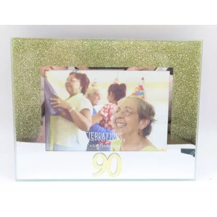 90th Birthday Photo Frame 14 CM Golden Glitter Home Decor Picture Freestanding