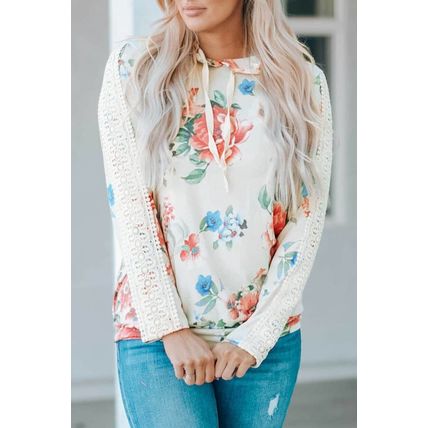 Apricot Floral Print Lace Contrast Long Sleeve Hoodie