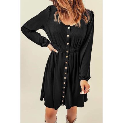 Black Button Up High Waist Long Sleeve Dress