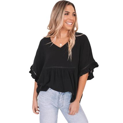 Black Ruffled Lace Detail Loose V Neck Top