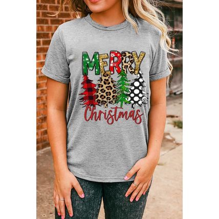Gray Merry Christmas Tree Pattern Print Crew Neck Graphic Tee