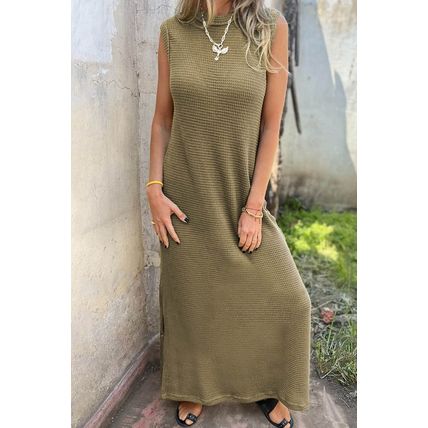 Jungle Green Waffle Knit Sleeveless Long Dress with Slits
