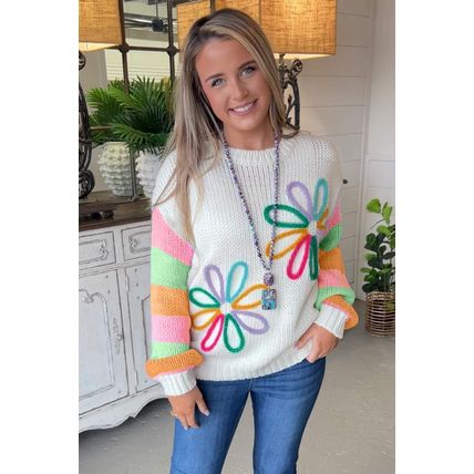 White Flower Graphic Colorblock Sleeve Crew Neck Sweater