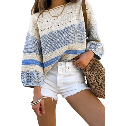 Light Blue Open Stitch Puff Sleeve Sweater
