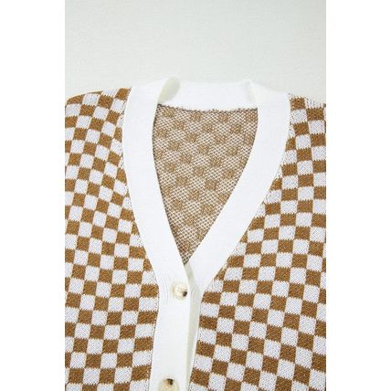 Brown Checkered Striped Patched Buttoned V Neck Cardigan