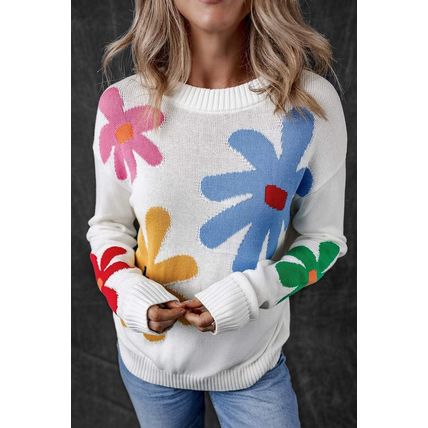 White Colorful Big Flower Pattern Crewneck Sweater