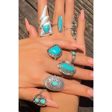Silvery 8pcs Turquoise Inlay Western Ring Set