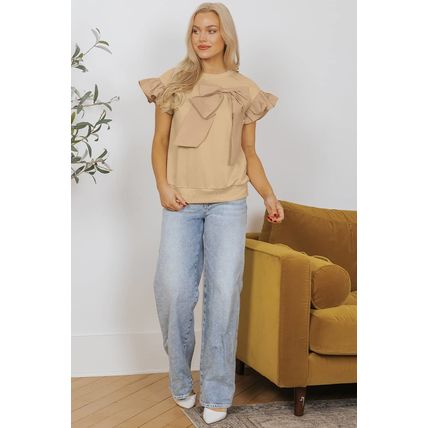 Parchment Two Tones Ribbon Bow Ruffle Sleeve Top