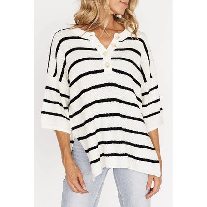 White Stripe Henley Buttoned Placket Drop Shoulder Bracelet Sleeve Knit Sweater
