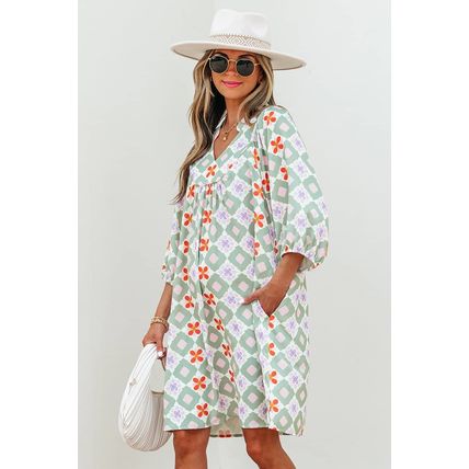 Green Geometric Floral Print 3/4 Sleeve Notched Neck Mini Dress