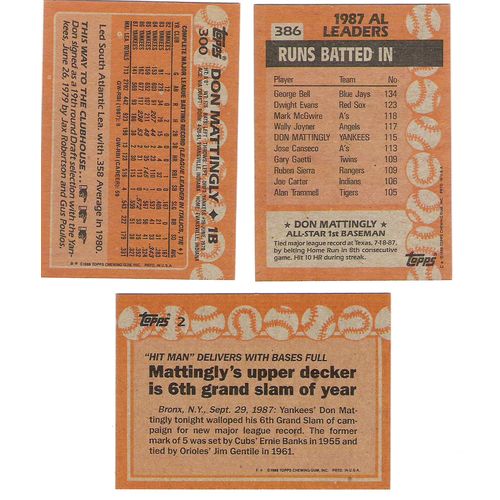 Three 1988 Topps baseball Don Mattingly cards – 2, 300, 386 – NM- Yankees