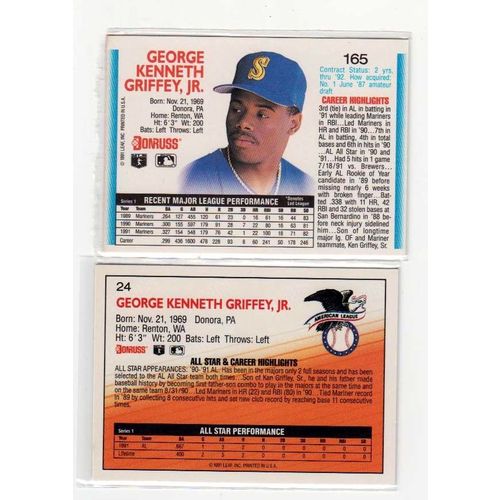 TWO 1992 Donruss Ken Griffey, Jr. cards #165, All Star #24 - Mariners