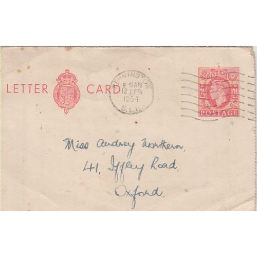 GB 1954 Post Paid card Kennington to Oxford see rest