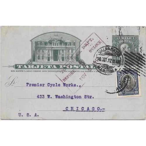 Chile Postal Sta. 1917, Uprated Valparaiso to Chicago USA