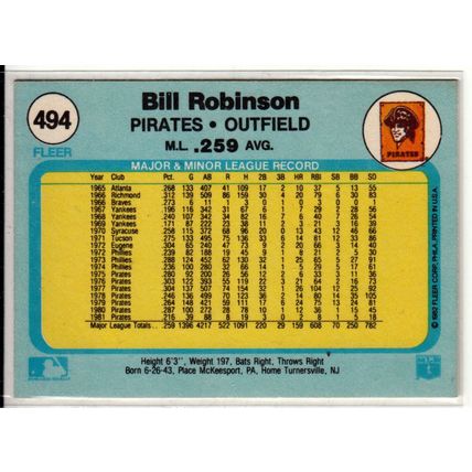 1982 Fleer baseball card 494 Bill Robinson– Pirates