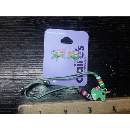 Colorful Unicorn Bracelet, Pierced Earrings Set