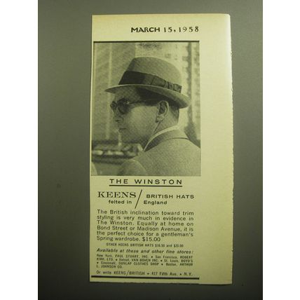1958 Keens Winston Hat Advertisement