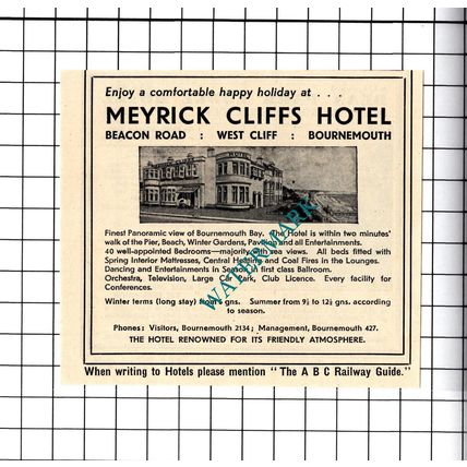 Meyrick Cliffs Hotel Bournemouth / Dean Park Lodge Small Advert -1958 Cutting
