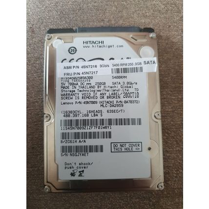 Hitachi SATA 2,5 " 250GB 5400RPM 8MB Cache HTS545025B9A300 45N7216 45N7217