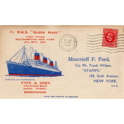 RMS Queen Mary Ship 1936 Maiden Voyage Southampton Postmark Old FDC