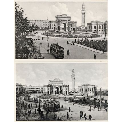Istanbul Bus Tram Depot at University Turkey 2x Old RPC Postcard s