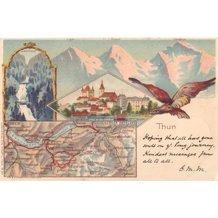 Thun Berner Oberland Antique Map Bird Gruss Aus Postcard