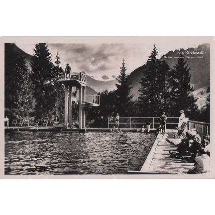 Diver at Gstaad Saanen BE Schwimm Sonnenbad Switzerland Old RPC Postcard