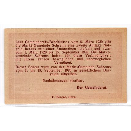 1920 Austria Schrems Notgeld 10 Heller Note (1334)
