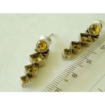 Vintage 925 Earrings Pale Lemon Citrine Gemstone Bezel set Diamond Silver Drops
