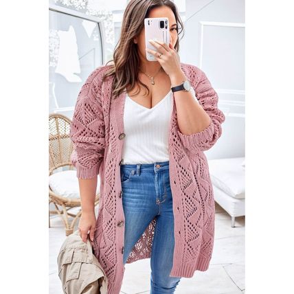 Pink Open Knit Button-Up Plus Size Cardigan