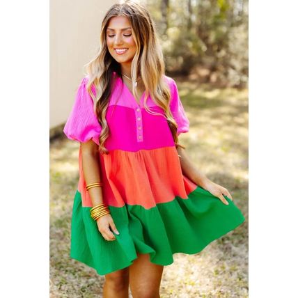 Multicolor Color Block Tiered Puff Sleeve Dress