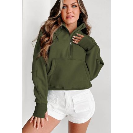 Green Zip Up Stand Collar Ribbed Thumbhole Sleeve Sweatshirt