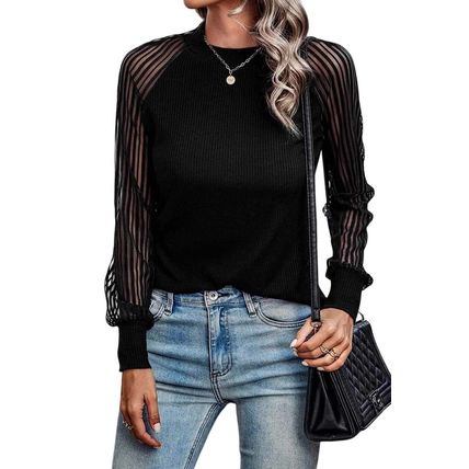 Black Striped Mesh Long Sleeve Crewneck Ribbed Top