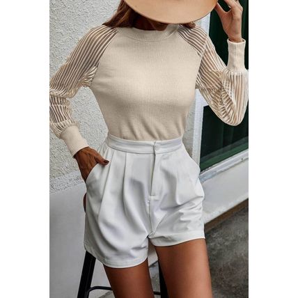 Apricot Striped Mesh Long Sleeve Crewneck Ribbed Top