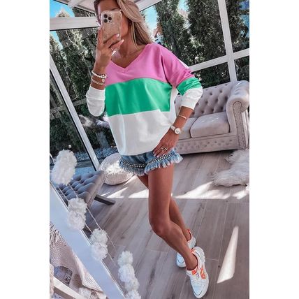Pink Ribbed V Neck Color Block Patchwork Sweatshirt