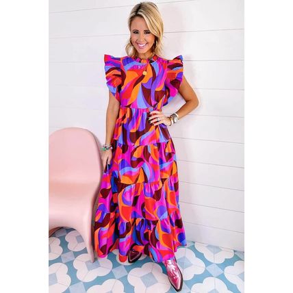 Orange Abstract Printed High Waist Ruffle Tiered Long Dress